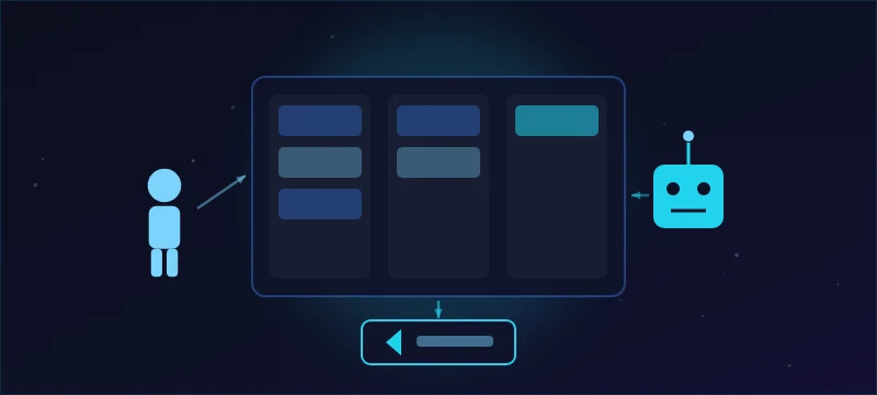 A developer and a robot working a kanban board that outputs a game build