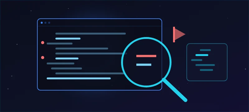 A magnifier over a code window highlighting a bug with breakpoints and a stack panel