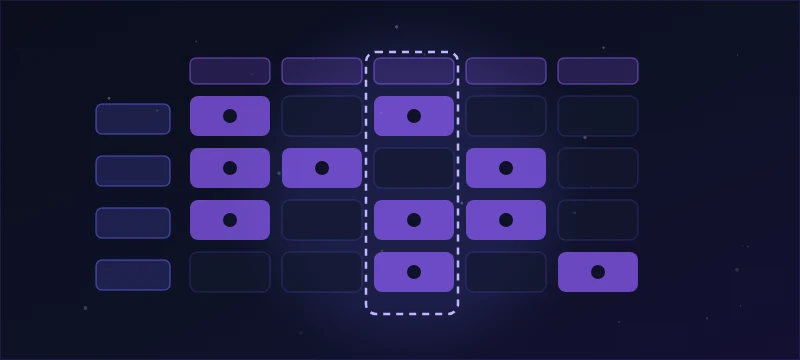 An entity-component grid with filled component cells and a system sweep column