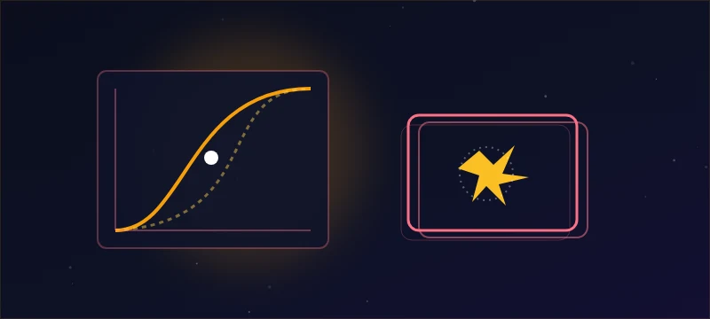 An easing-curve editor beside a hit-stop starburst with screen-shake frame ghosts