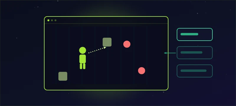 A desktop window running a top-down game beside an event-queue list