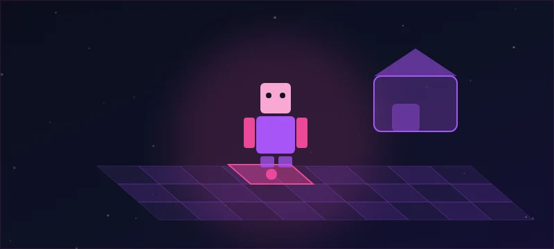 A blocky avatar on an isometric baseplate with a glowing spawn pad