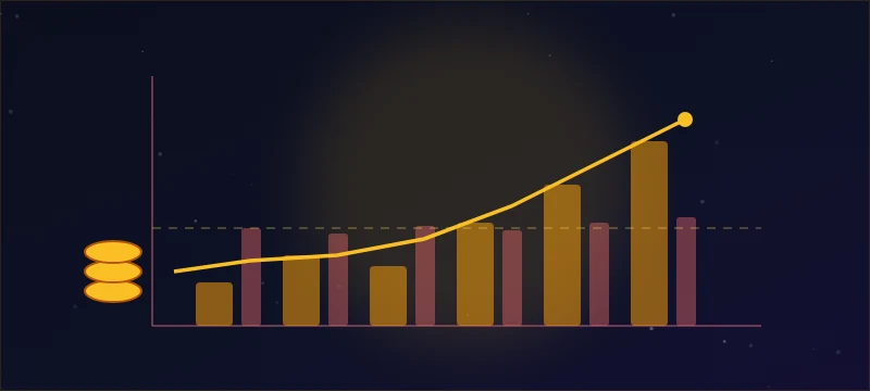 Revenue bars against cost bars with a runway line and coin stacks