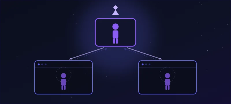 One authoritative pawn replicated from a server box into two client views
